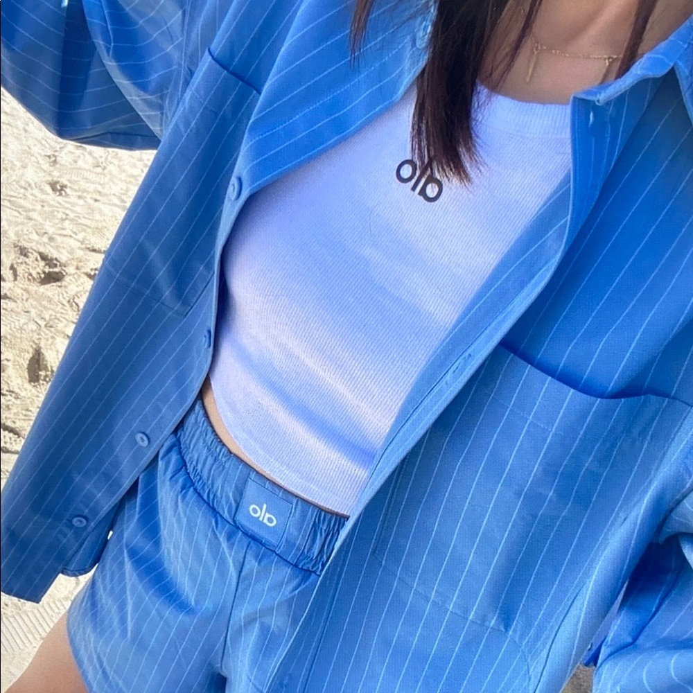 ALO Yoga Blue Pinstripe Button-Up with White Ribbed Tank - Picture 4 of 7